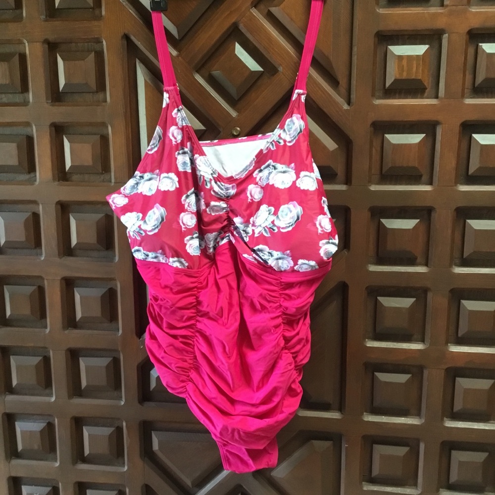 Bright print ruched flower swimsuit.